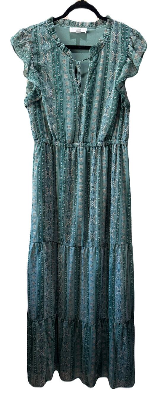 Lucky Brand Sleeveless Maxi Dress Ruffle Trim Tiered Lined Boho Green Gold SizeL